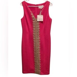 Elegant Pink Midi Dress with Gold Accents